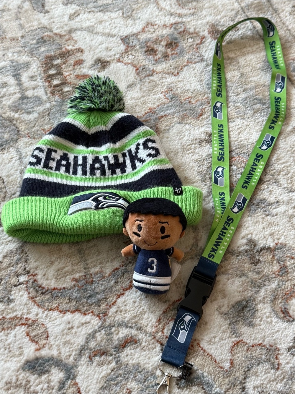 Kids Pom Beanie Hat with Plush Mascot - Green & Navy